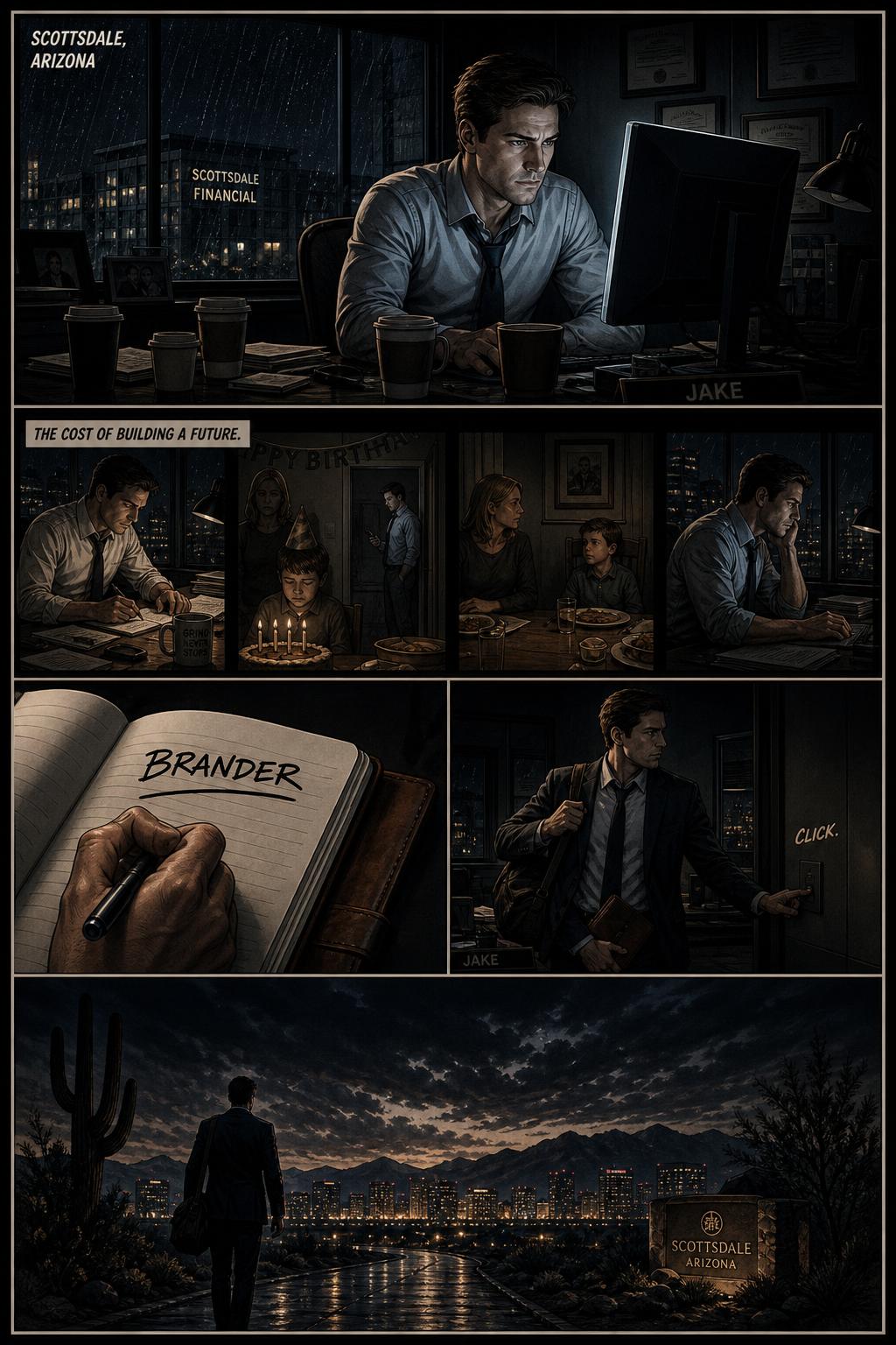 Jake Brander alone in his Scottsdale office at night, the moment Brander Group is born