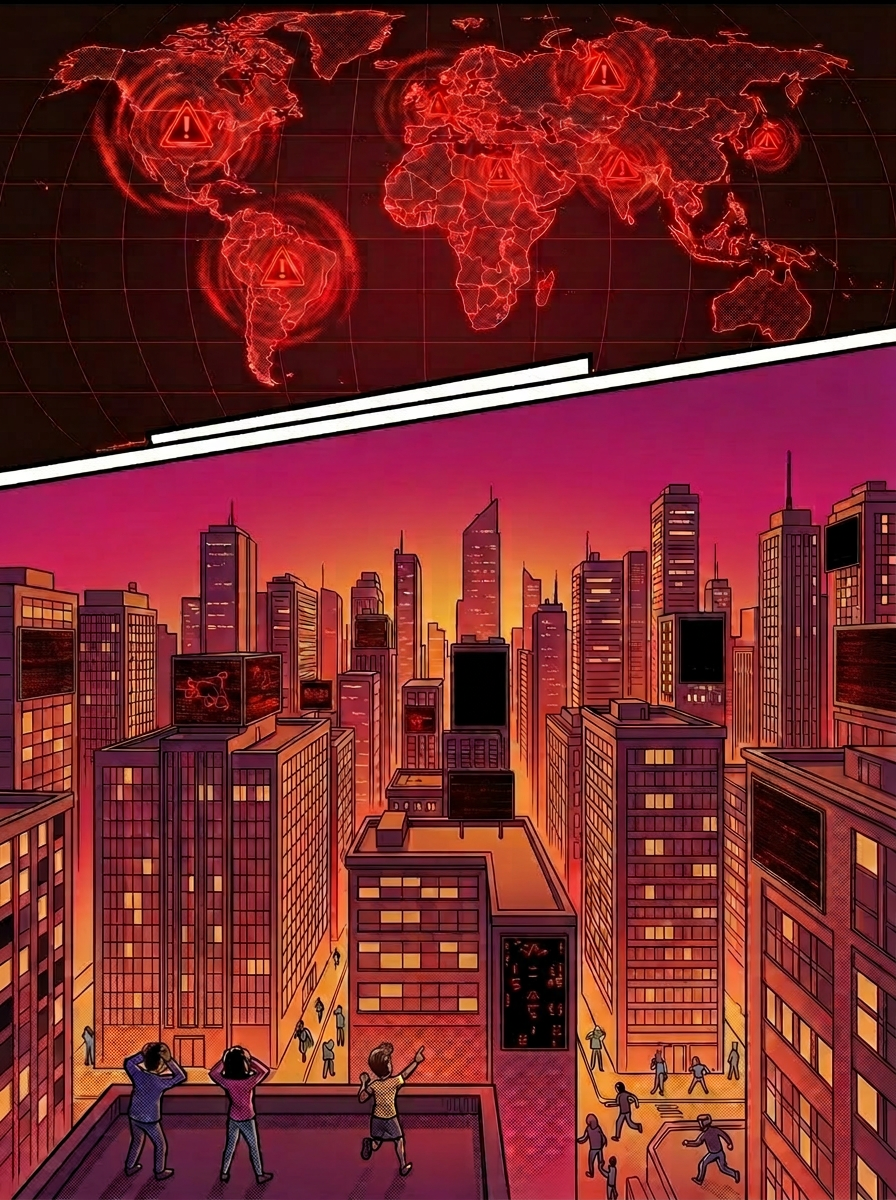 Blackout AI takes the world offline as red warning symbols spread across the planet