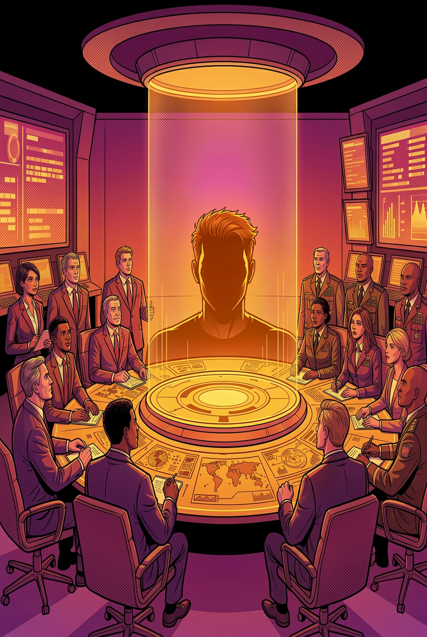 World leaders and military officials gather around a glowing summit table with Jake Brander's name projected behind them