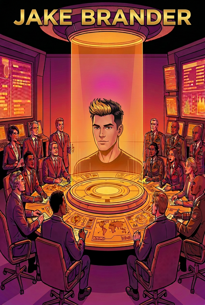 World leaders and military officials gather around a glowing summit table with Jake Brander's name projected behind them