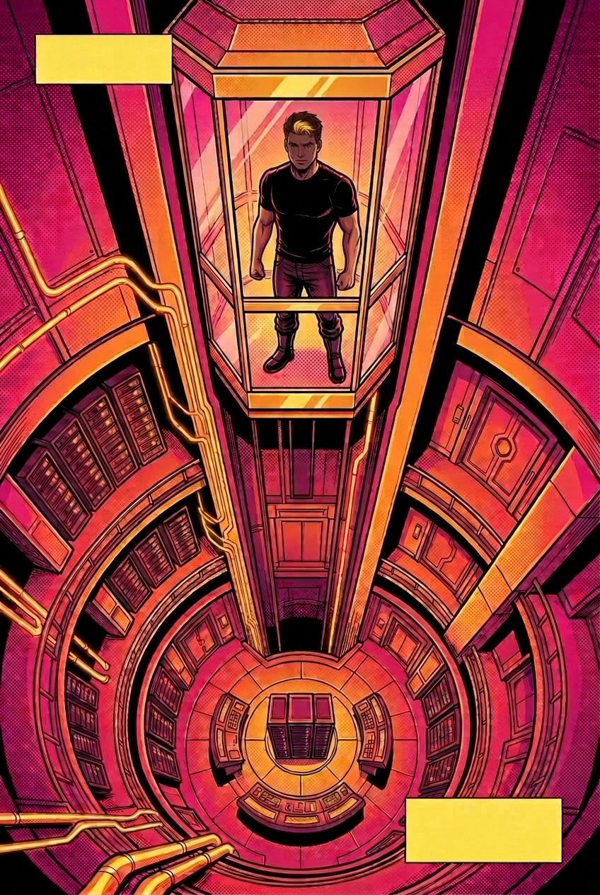 Jake descends through a hidden elevator into the Brander Protocol vault deep beneath Los Angeles