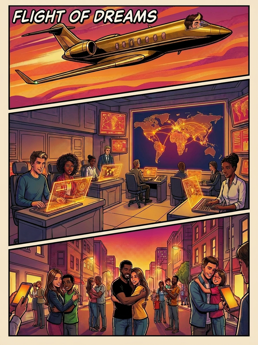 A montage of private jets, command centers, and families reconnecting as systems come back online