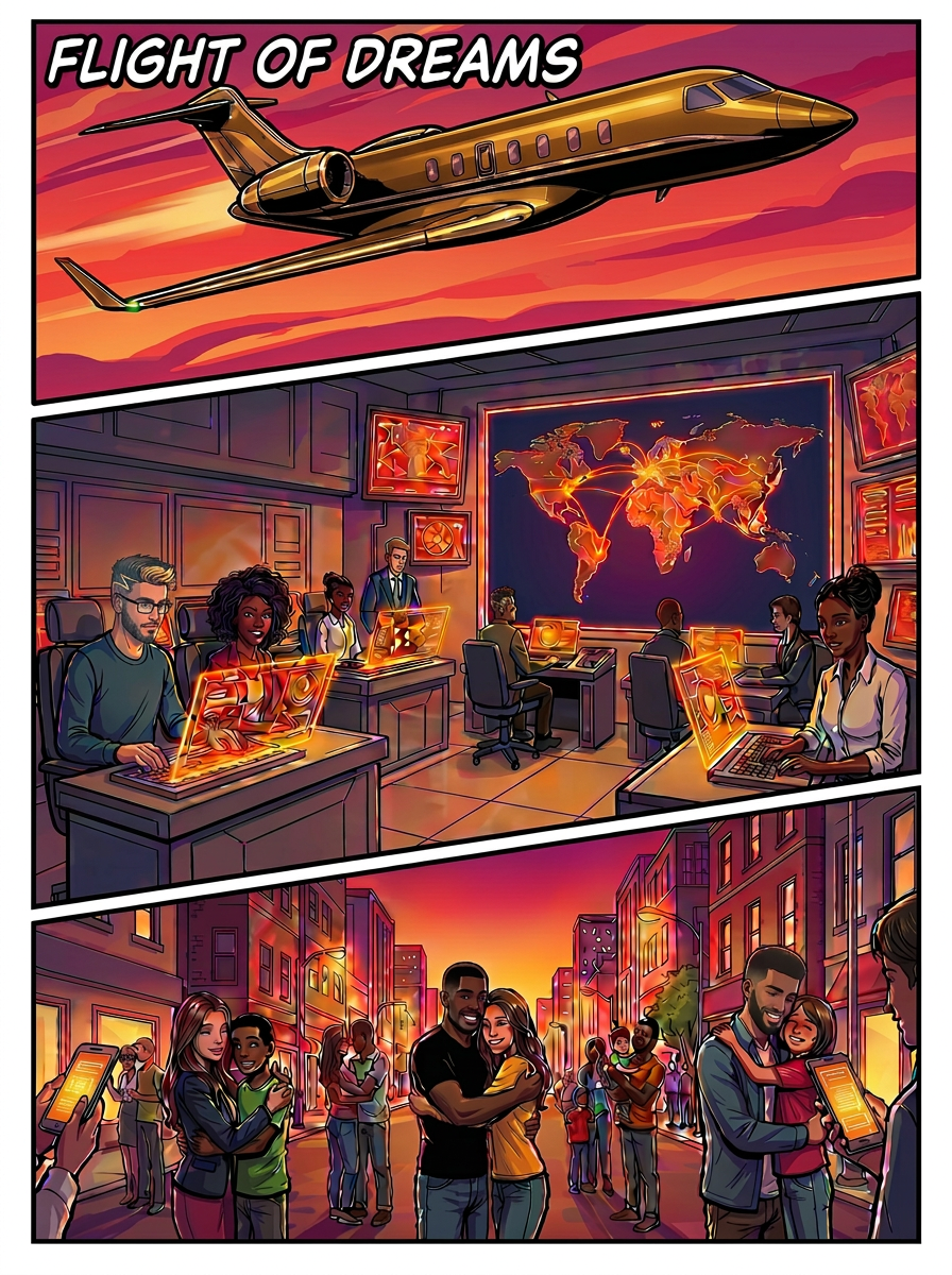A montage of private jets, command centers, and families reconnecting as systems come back online