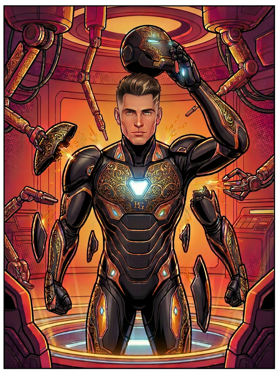 Jake suits up as Iron Brander inside the armor chamber