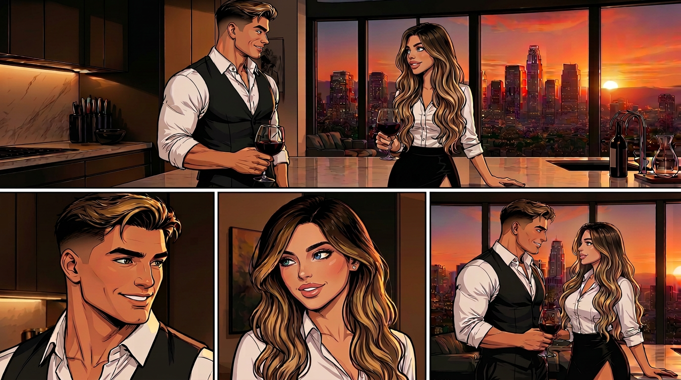 Jake and Kayla share a quiet drink together in their penthouse at sunset