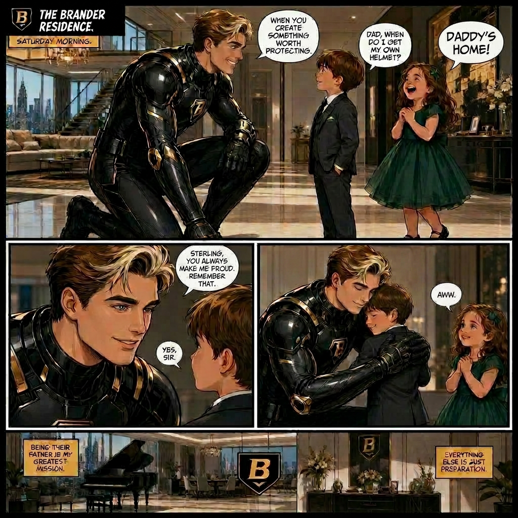 Jake kneels in his armor to meet his young son eye-to-eye while his daughter laughs
