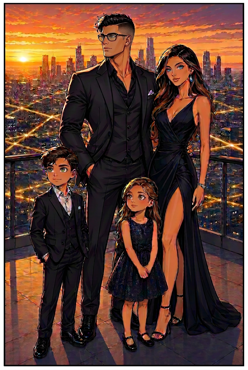 The Brander family stands together above Los Angeles with the network glowing behind them