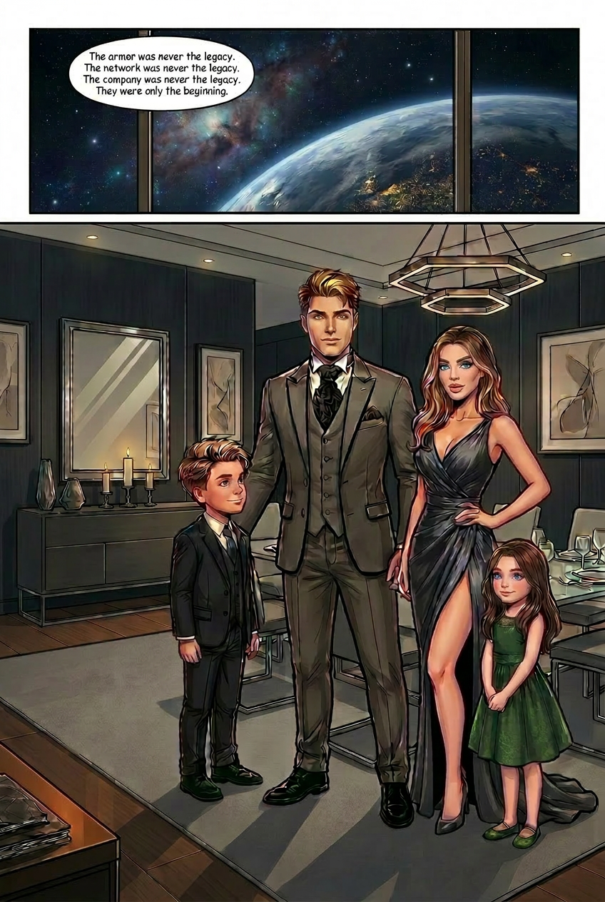 The Brander family stands together above Los Angeles with the network glowing behind them
