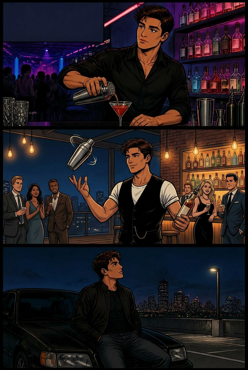 Jake bartending his way through college — quick hands, sharp mind, already running every room in his head