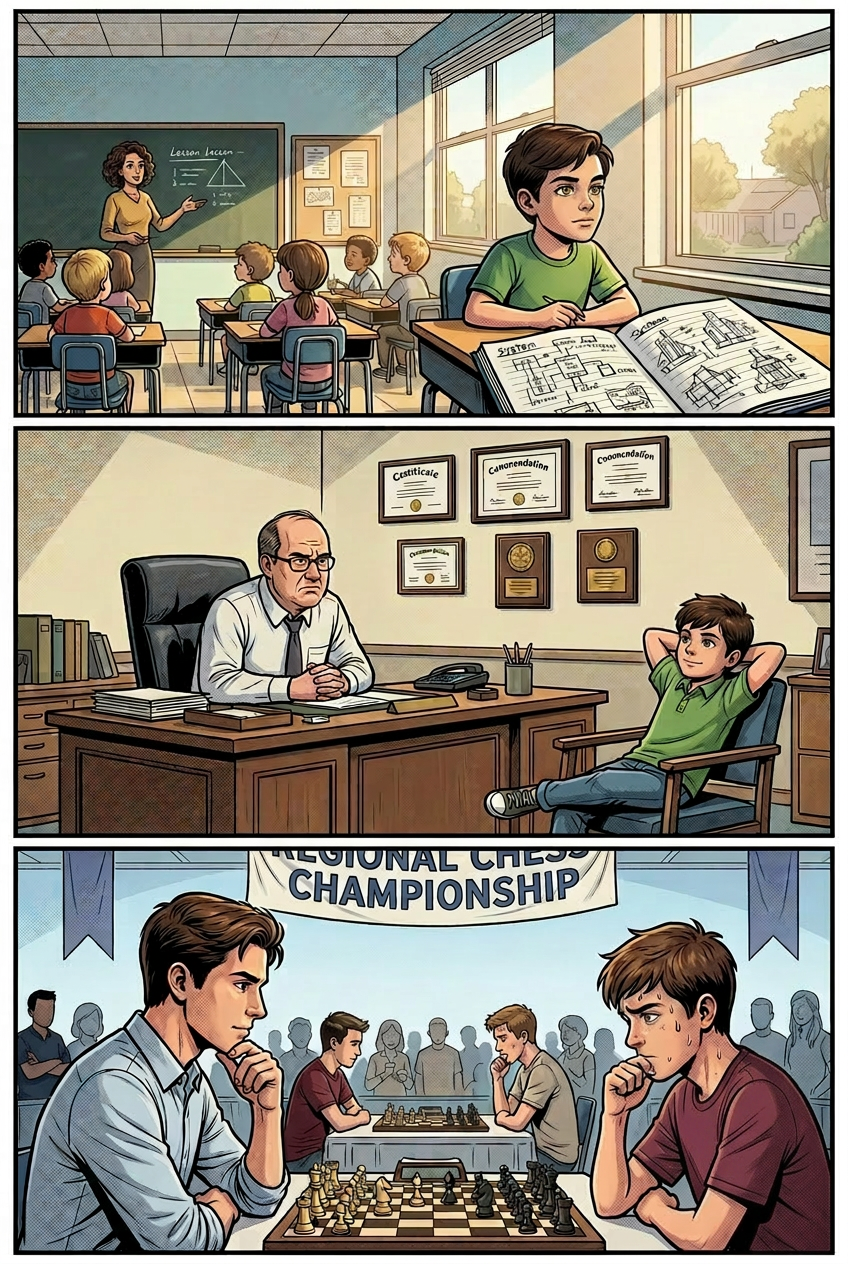 Young Jake daydreaming in class, relaxed in the principal's office, and winning at chess